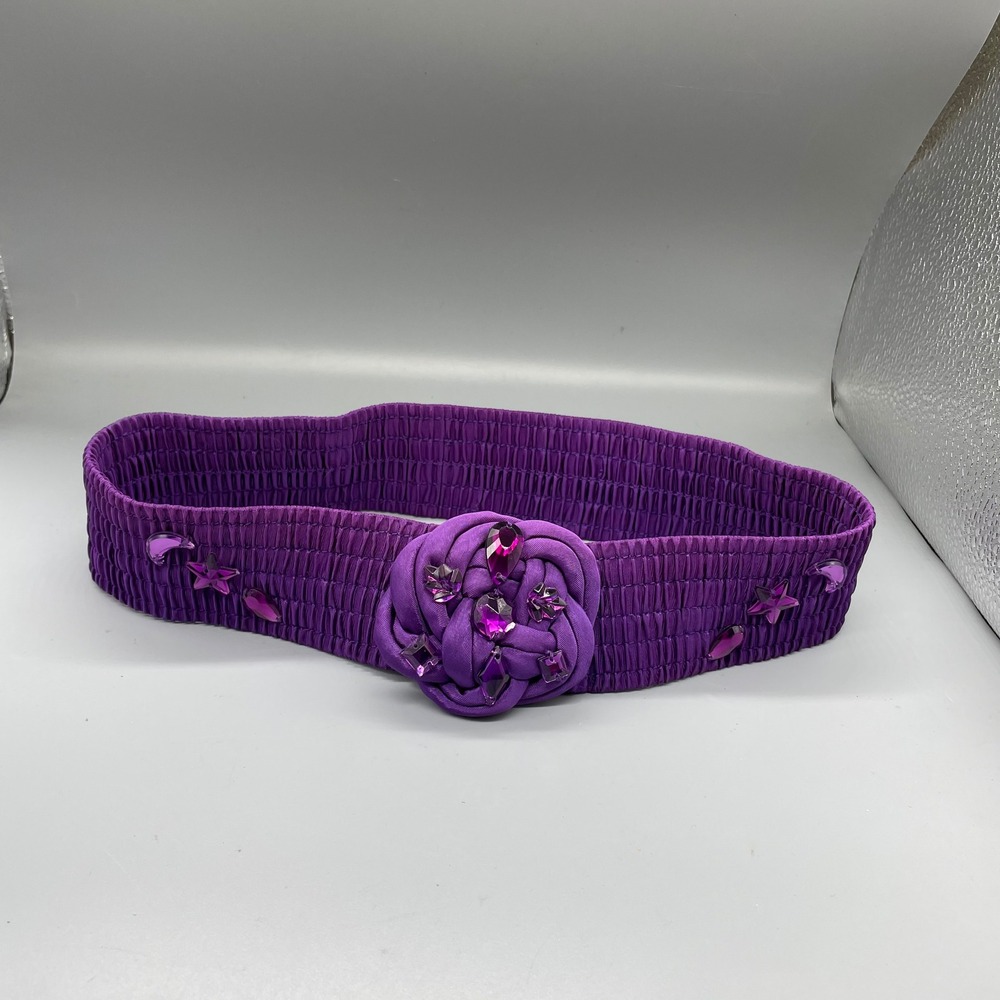 Vintage 80s Purple Elastic Cinch Belt Star Moon Rhinestone Embellished Waistband